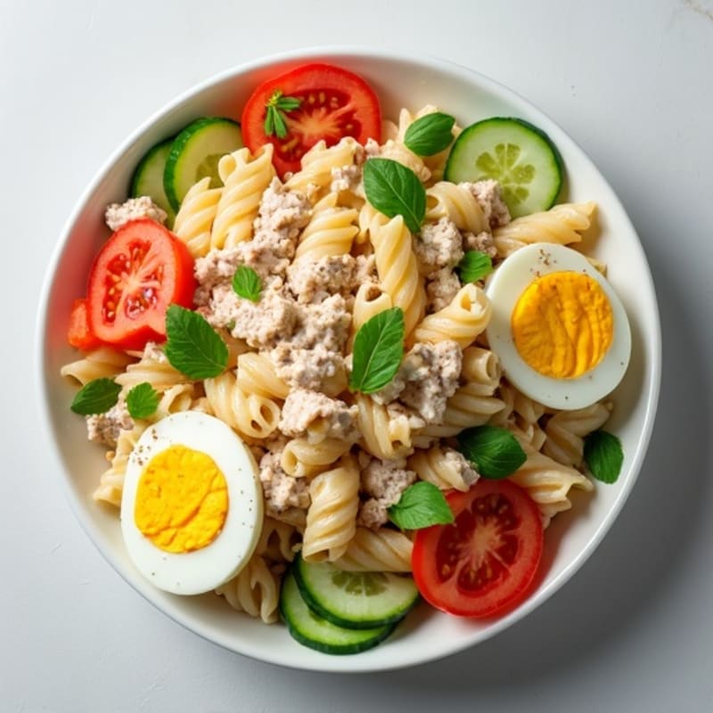 Creamy Tuna Pasta Salad with Fresh Tomato, Cucumber, and Hard-Boiled Egg