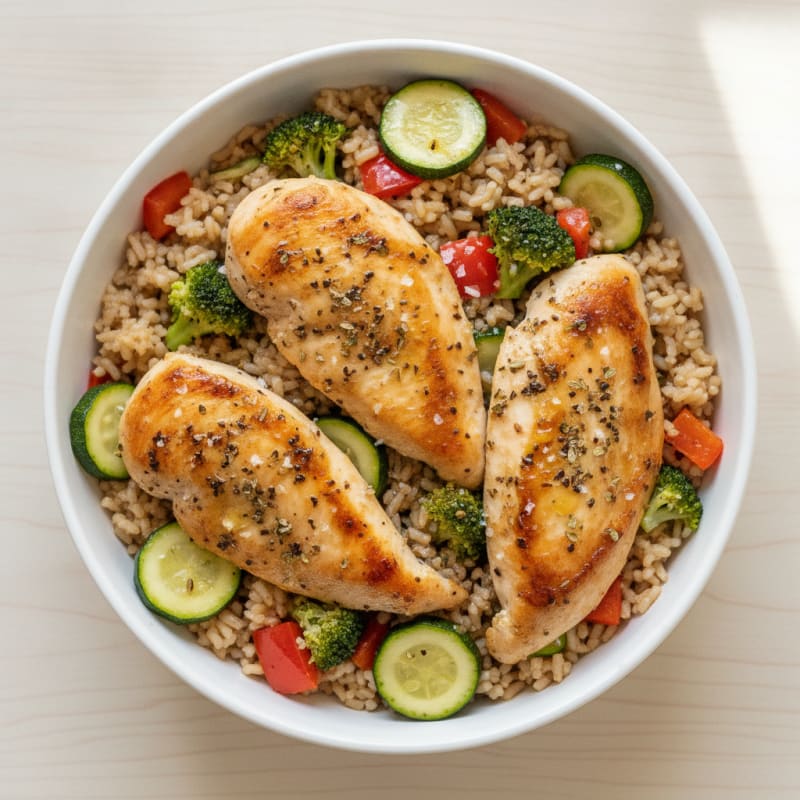 Lemon Herb Roasted Chicken and Brown Rice Bowl