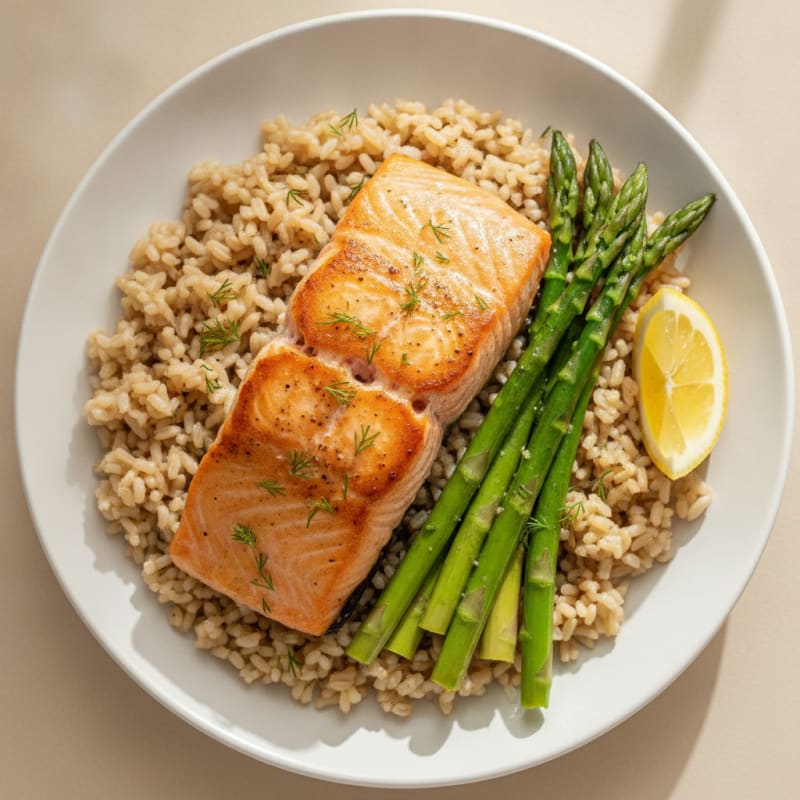 Seared Salmon Fillet with Steamed Asparagus and Brown Rice