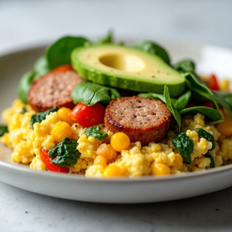 Egg White Veggie Scramble with Turkey Sausage and Sautéed Spinach