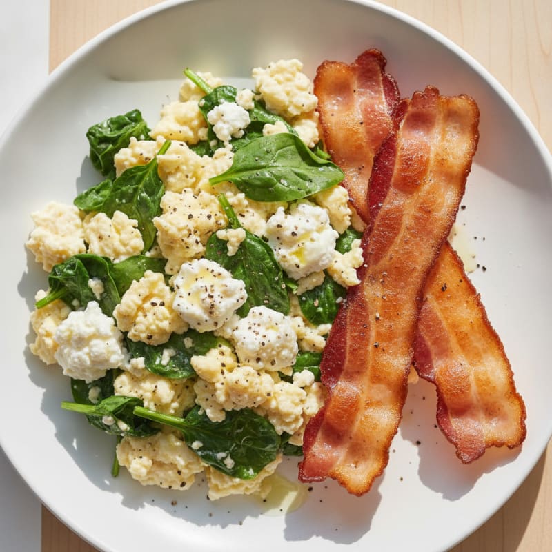 Cottage Cheese Scramble with Spinach and Turkey Bacon