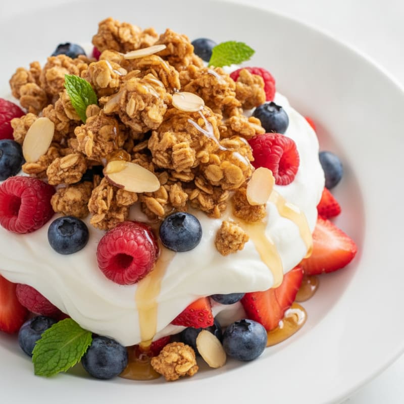 Greek Yogurt Parfait with Crunchy Almond Granola and Fresh Berries
