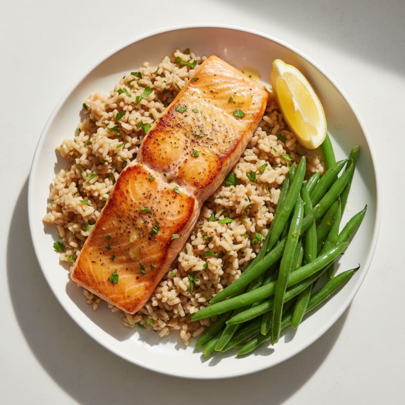 Seared Salmon with Steamed Green Beans and Herb Rice