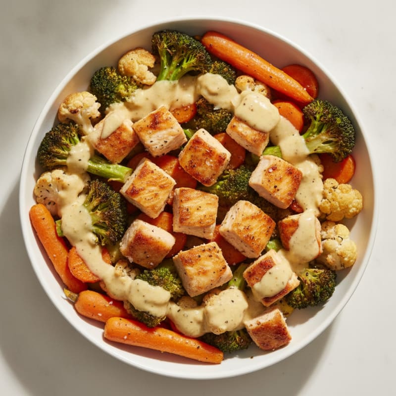 Chicken and Roasted Vegetable Bowl with Lemon-Tahini Dressing