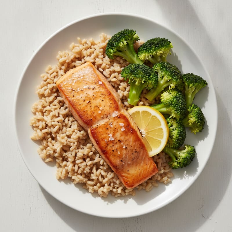 Pan-Seared Salmon with Steamed Broccoli and Brown Rice