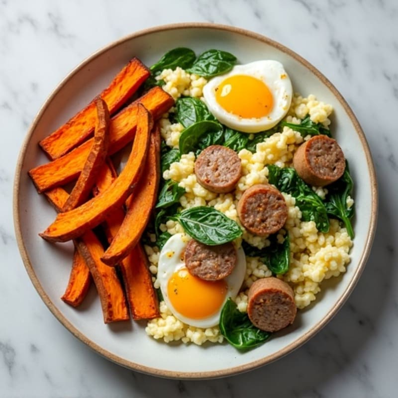 Egg White and Turkey Sausage Scramble with Spinach and Roasted Sweet Potato