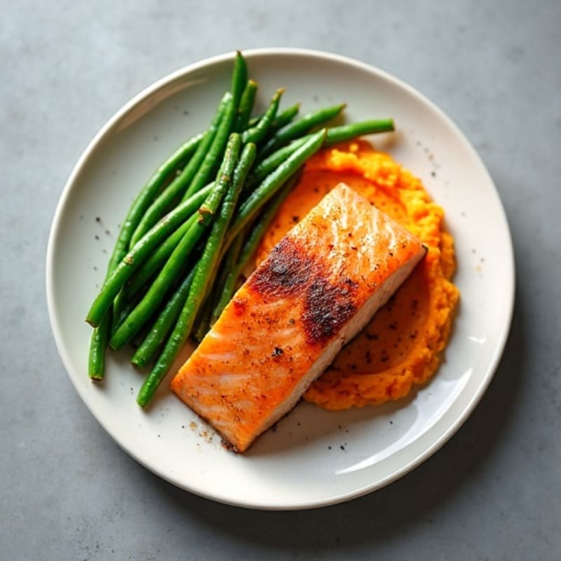 Seared Salmon with Steamed Green Beans and Sweet Potato Mash