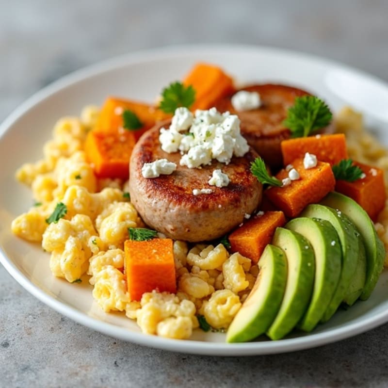 Egg White and Turkey Sausage Scramble with Roasted Sweet Potato