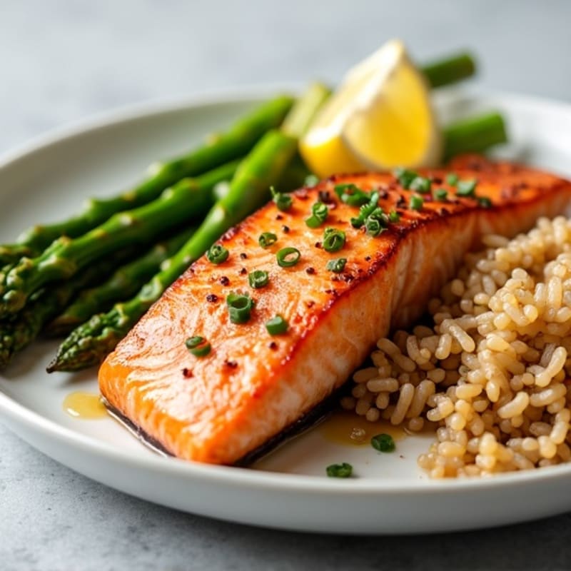 Seared Salmon with Steamed Asparagus and Brown Rice