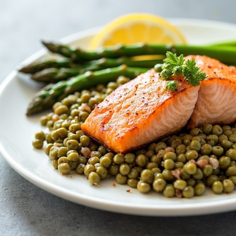 Seared Salmon Fillet with Lentil Salad and Steamed Asparagus