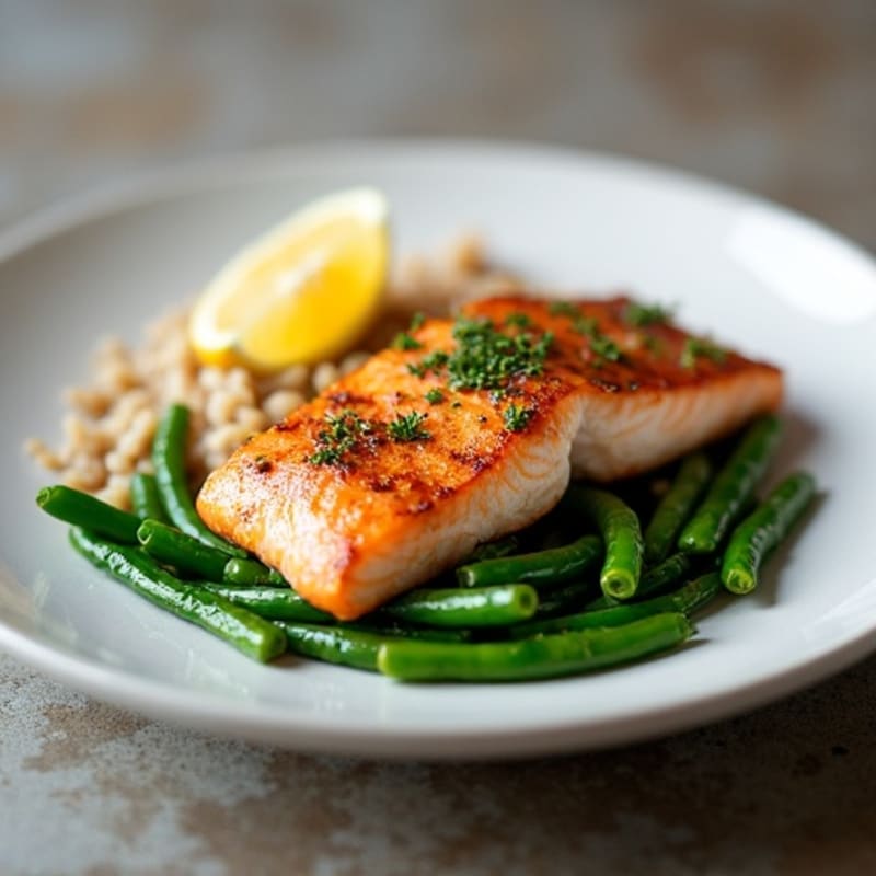 Seared Salmon with Garlic Green Beans and Brown Rice