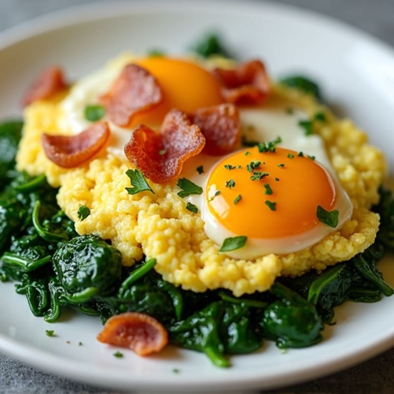 Fluffy Egg Scramble with Fresh Spinach and Turkey Bacon