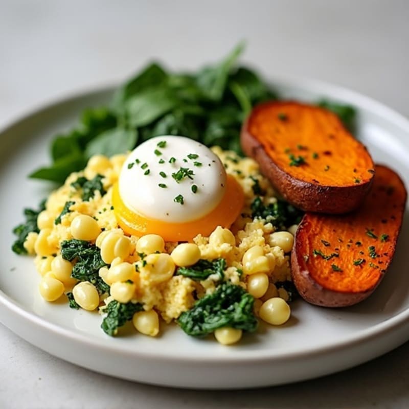 Egg White and Cottage Cheese Scramble with Spinach and Roasted Sweet Potato