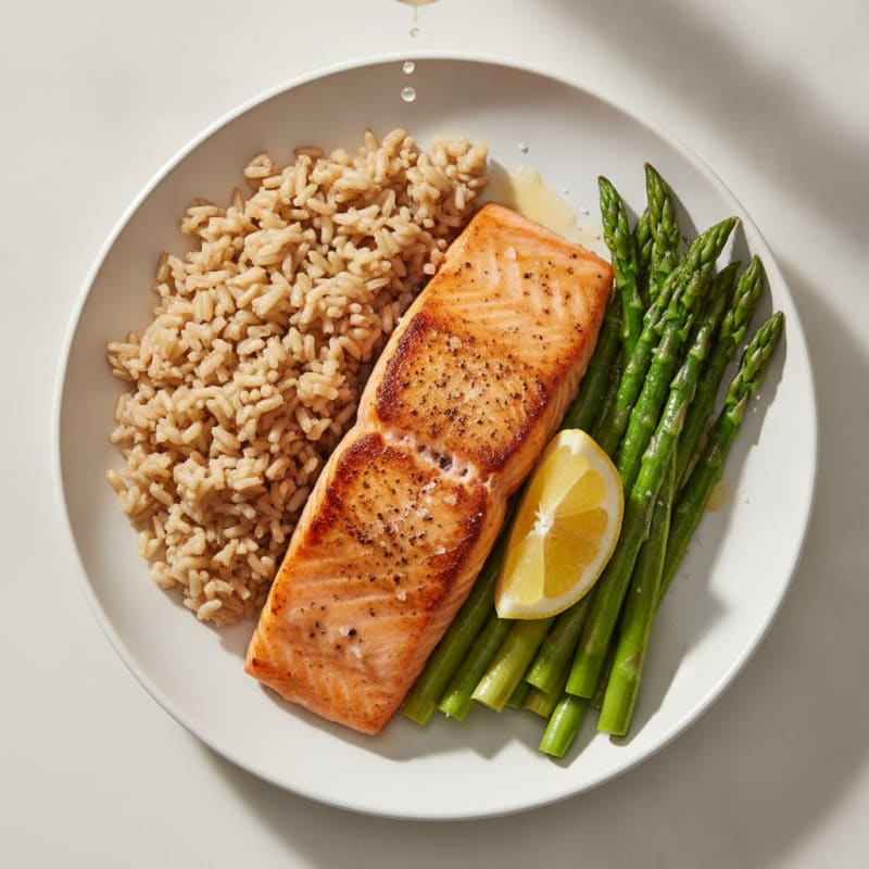 Seared Salmon with Steamed Asparagus and Brown Rice
