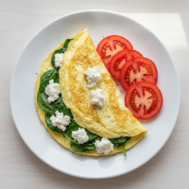 Egg White Spinach Omelet with Cottage Cheese and Sliced Tomatoes