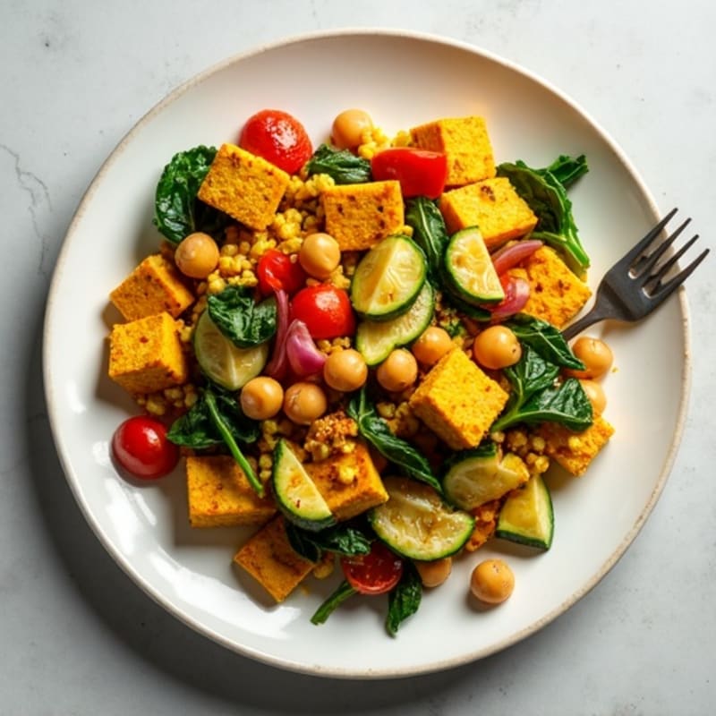 Fluffy Turmeric Tofu Scramble with Roasted Vegetables