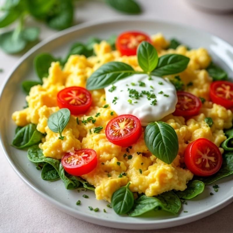 Creamy Scrambled Eggs with Fresh Herbs and Sautéed Vegetables
