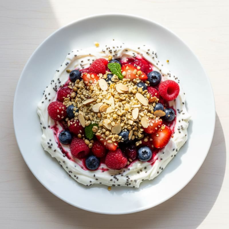 Greek Yogurt Protein Parfait with Chia Seeds and Mixed Berries