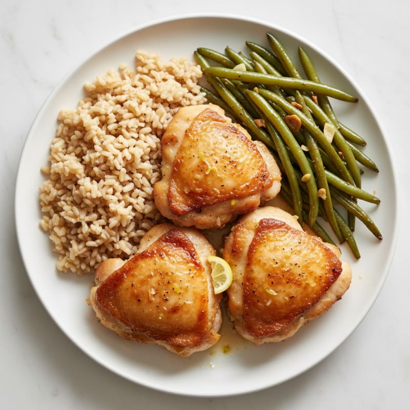 Seared Chicken Thighs with Garlic Green Beans and Brown Rice