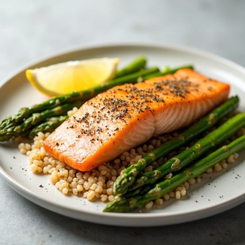 Seared Salmon with Steamed Asparagus and Brown Rice