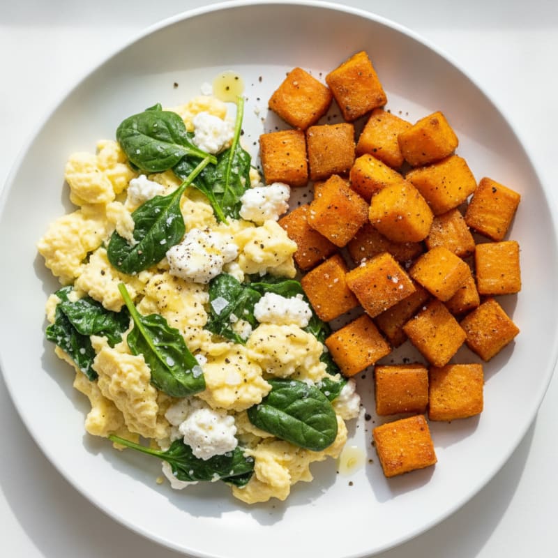 Cottage Cheese and Spinach Egg Scramble with Roasted Sweet Potatoes