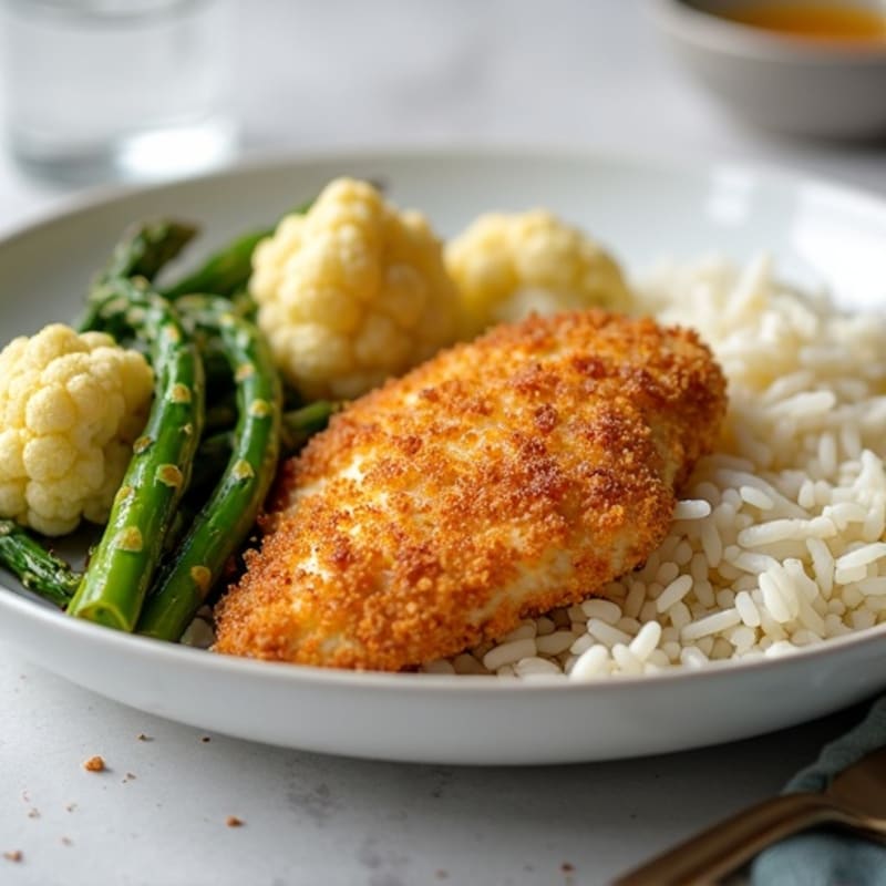 Crispy Panko Air-Fried Chicken Breast with Roasted Asparagus and Cauliflower, served with Fluffy White Rice