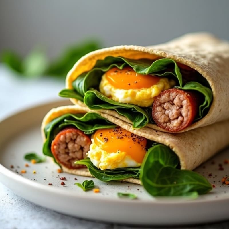 Hearty Lean Turkey Sausage and Scrambled Egg Whole Wheat Burrito with Sautéed Spinach