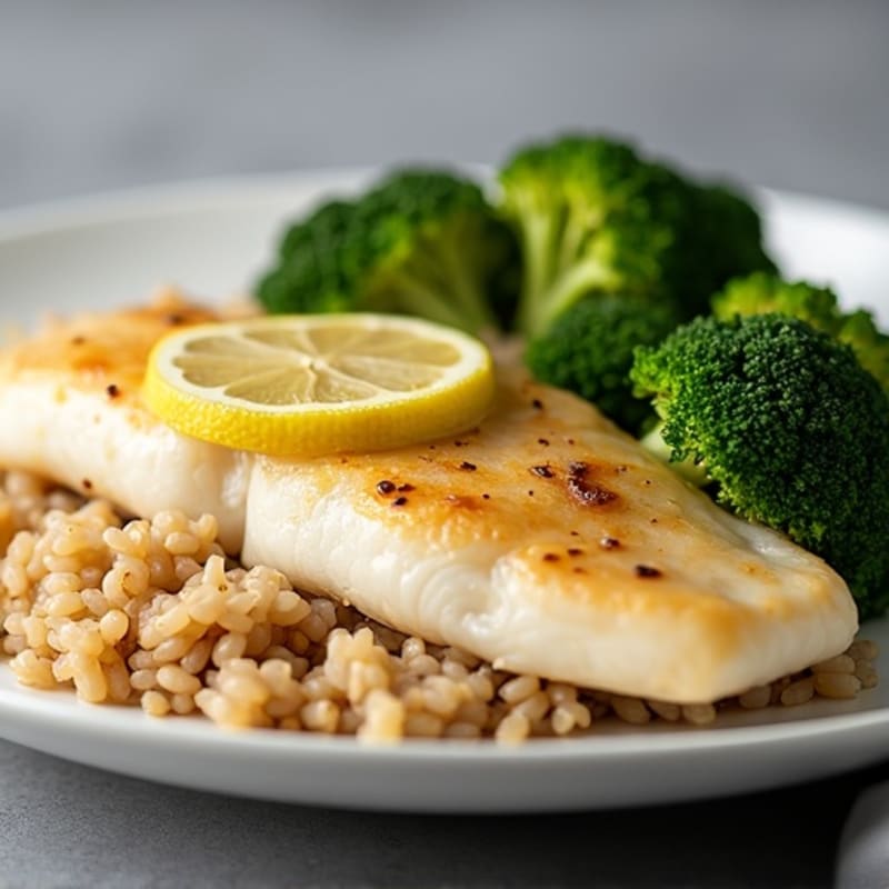 Lemon-Garlic Pan-Seared Tilapia with Fluffy Brown Rice and Roasted Broccoli