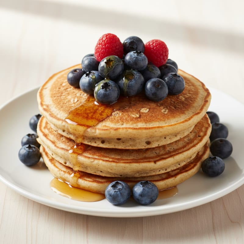 Fluffy Golden Protein Pancakes with Berries