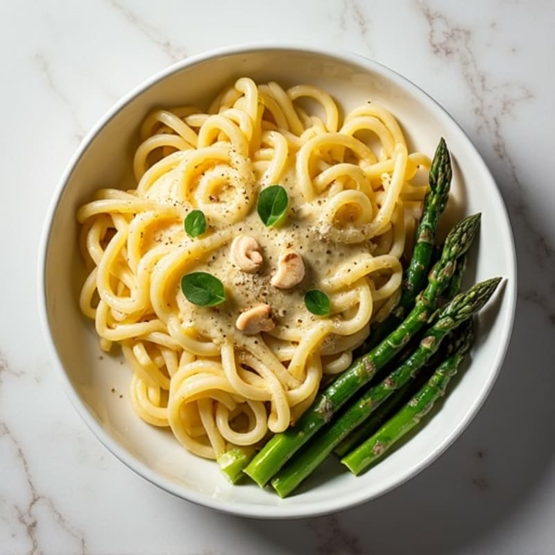 Creamy Cashew Alfredo Pasta with Roasted Asparagus