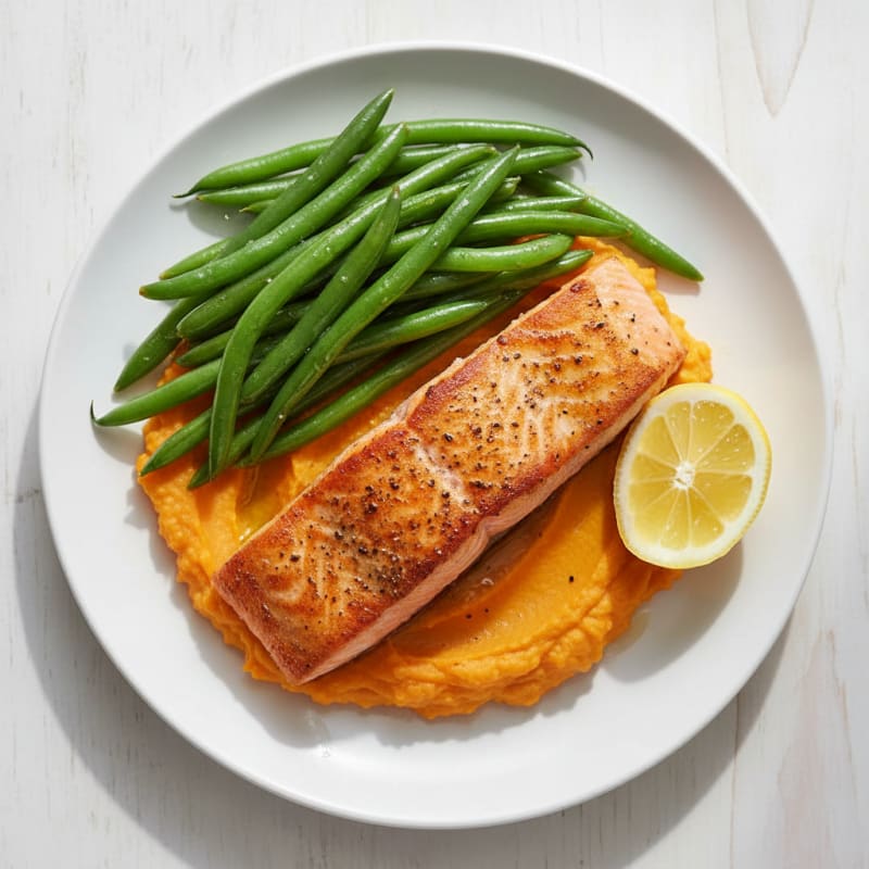 Seared Salmon with Steamed Green Beans and Sweet Potato Mash