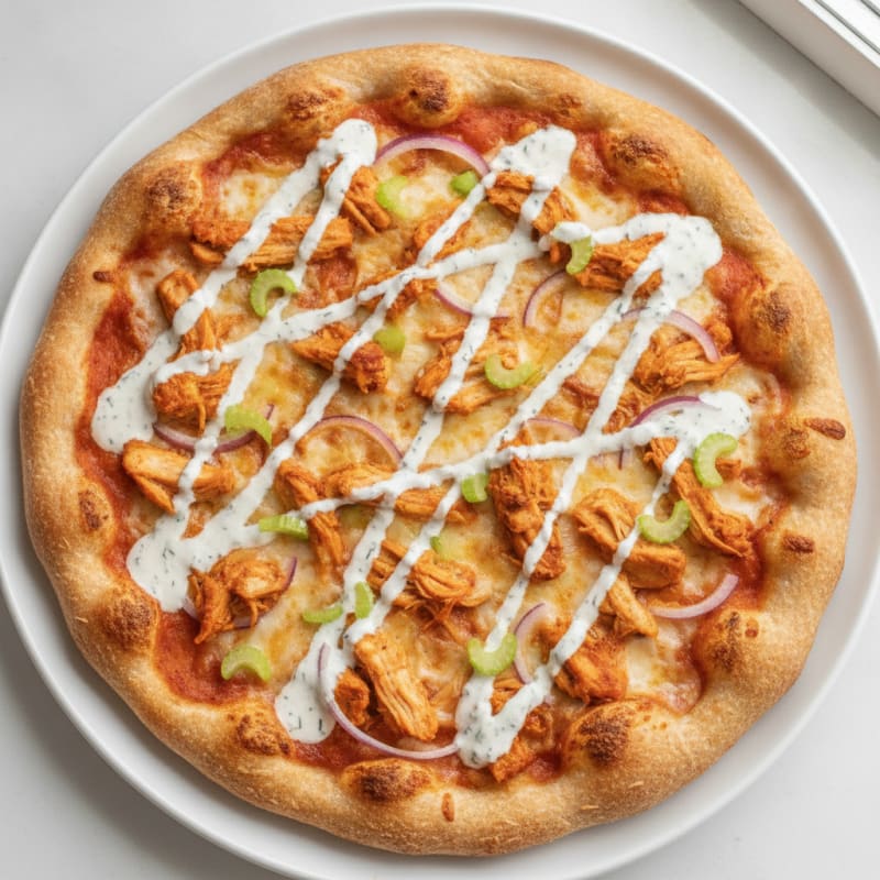 Buffalo Chicken Pizza with Ranch Drizzle