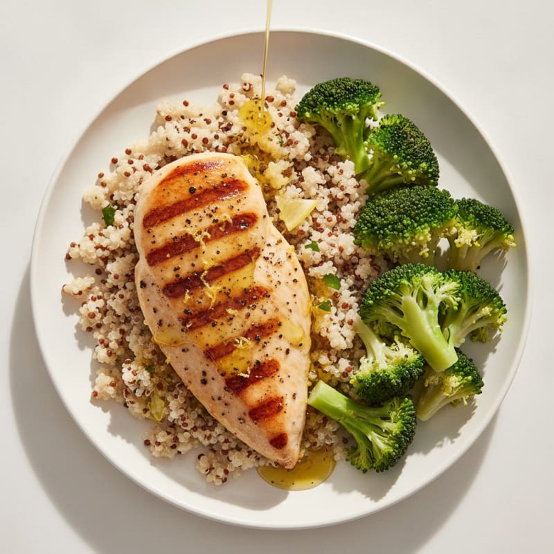 Grilled Lemon Pepper Chicken Breast with Quinoa and Steamed Broccoli