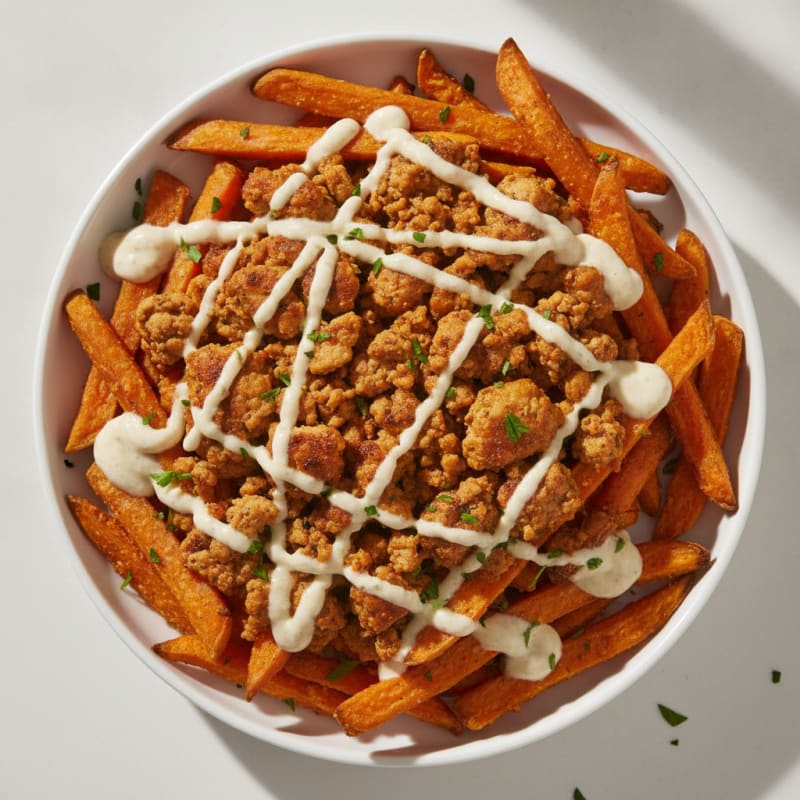 Loaded Sweet Potato Fries with Garlic Aioli