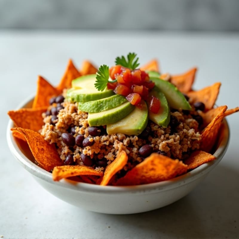 Smoky Pulled Pork Crispy Sweet Potato Nacho Bowl