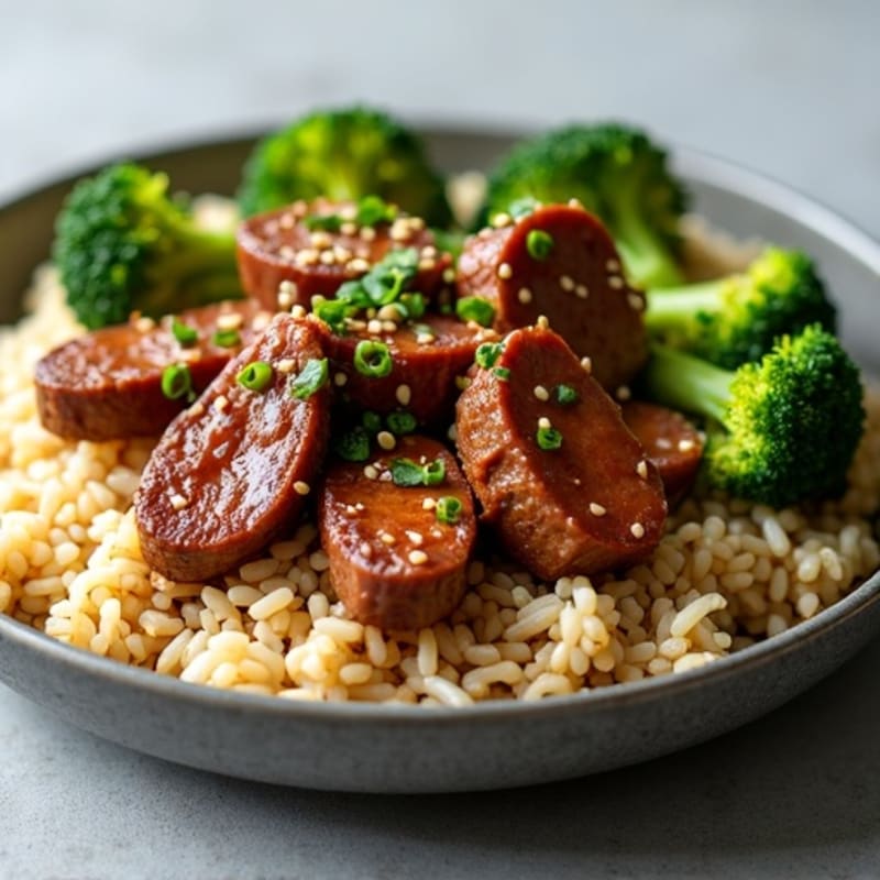 Savory Sesame Beef with Roasted Broccoli and Brown Rice