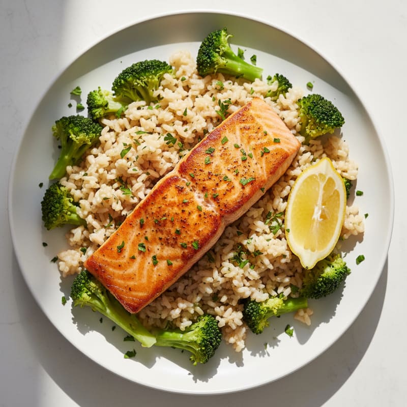 Seared Salmon with Steamed Broccoli and Herbed Brown Rice