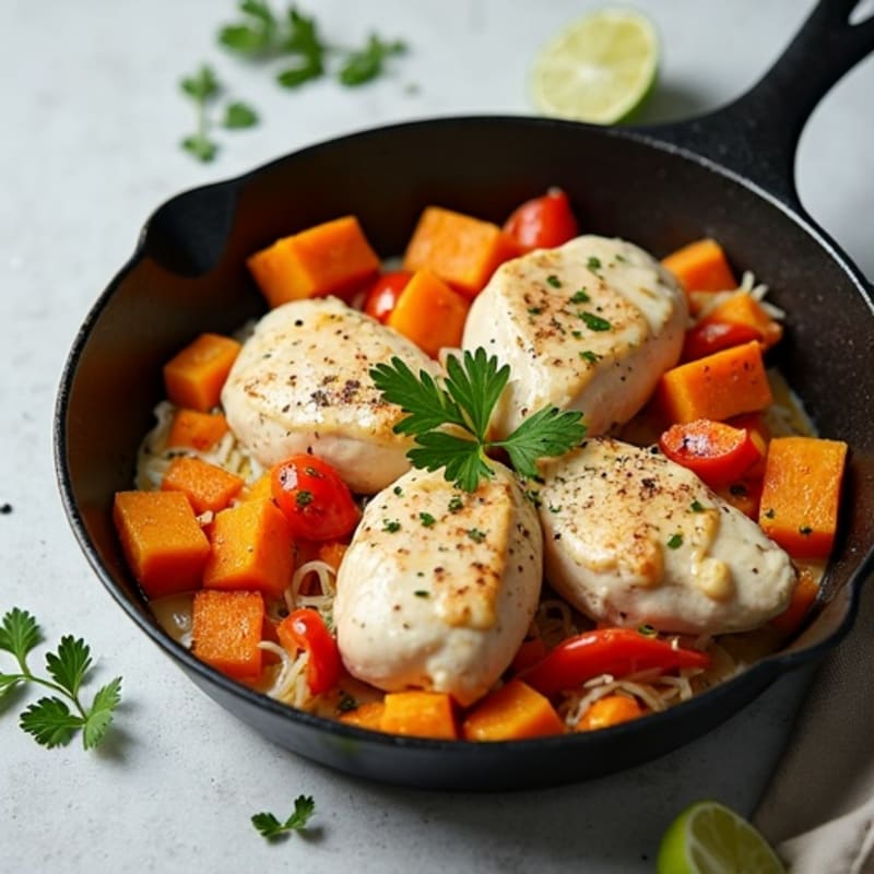 Creamy Coconut Chicken Skillet with Roasted Sweet Potatoes