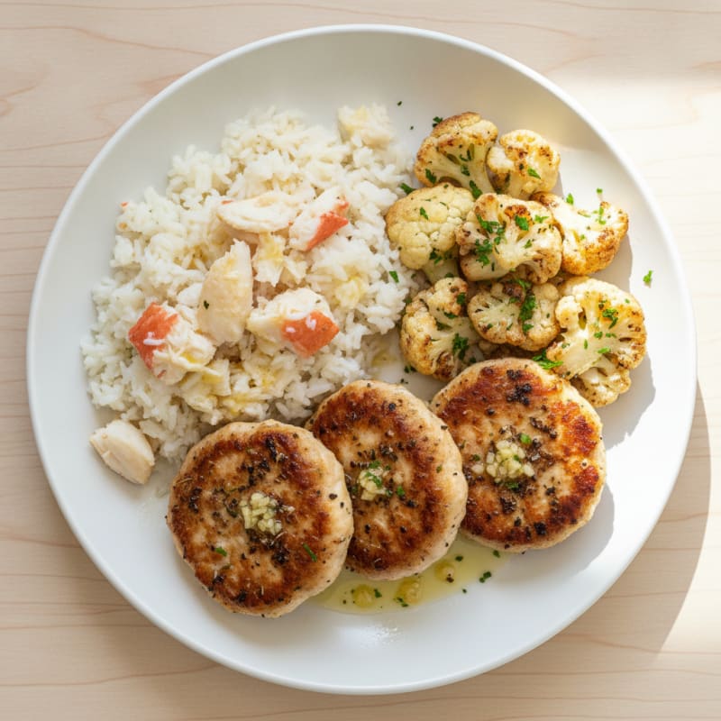 Grilled Turkey Patties with Roasted Cauliflower and Rice