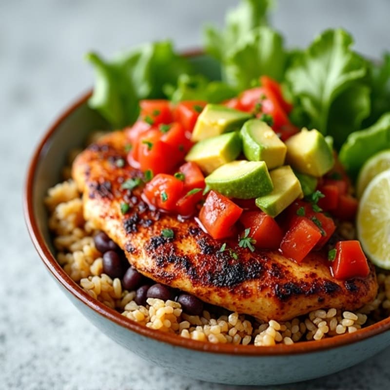 Spiced Chicken Burrito Bowl with Fresh Salsa and Creamy Avocado