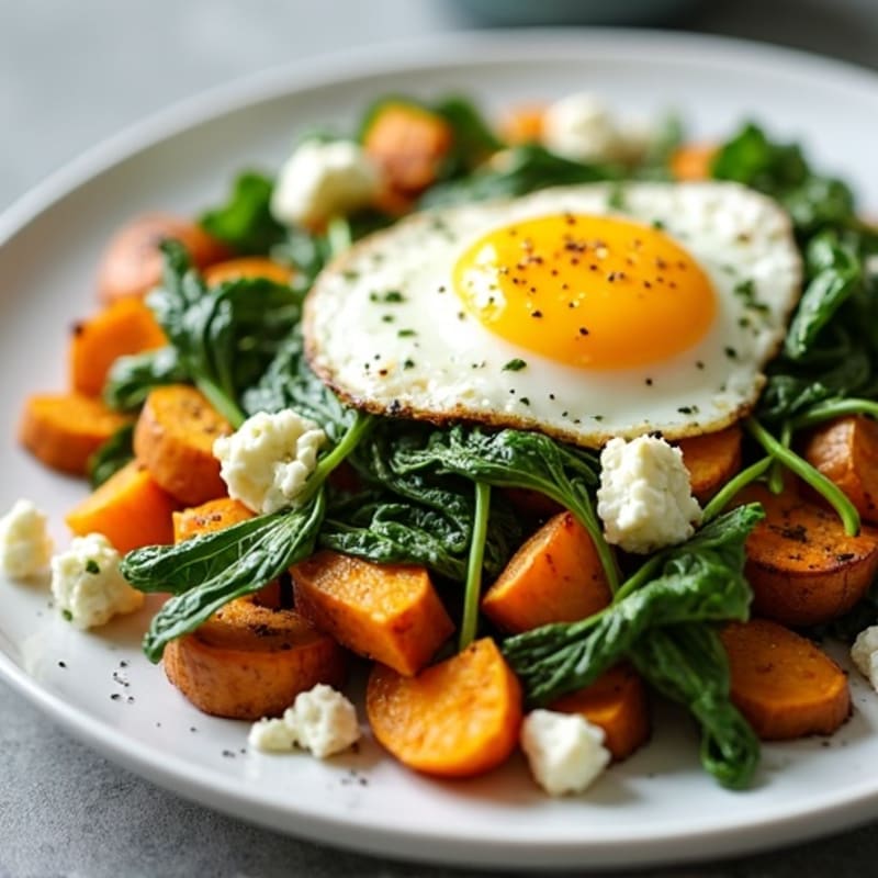 Spinach and Feta Egg Scramble with Roasted Sweet Potatoes