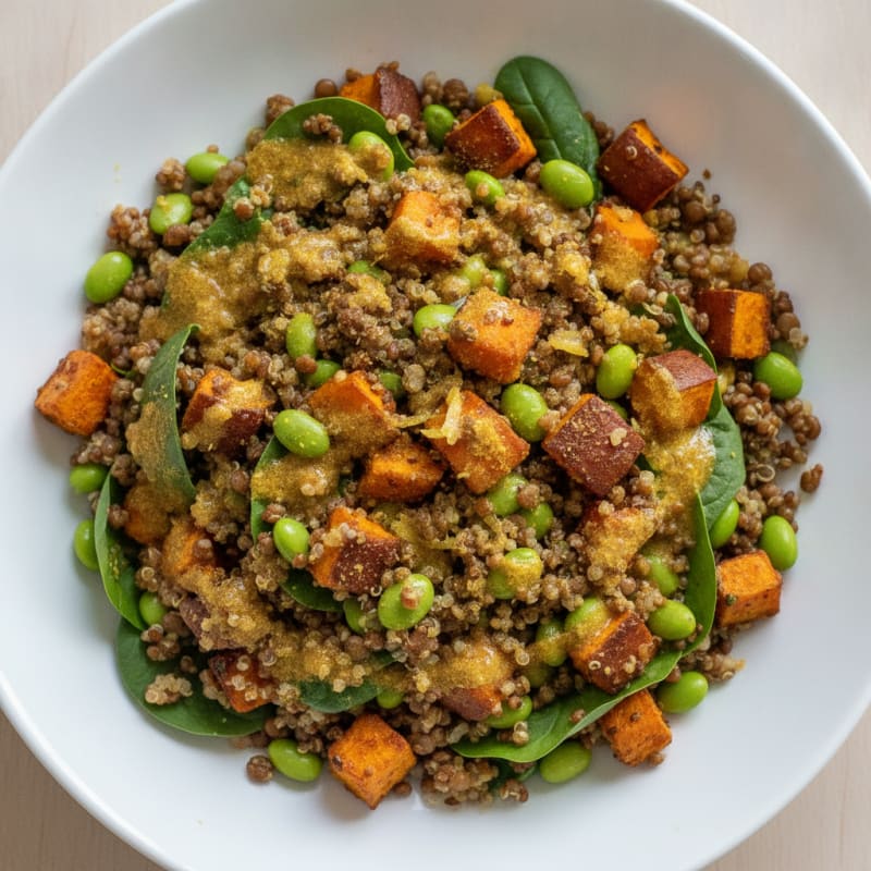 Crunchy Lentil and Quinoa Salad with Roasted Sweet Potato