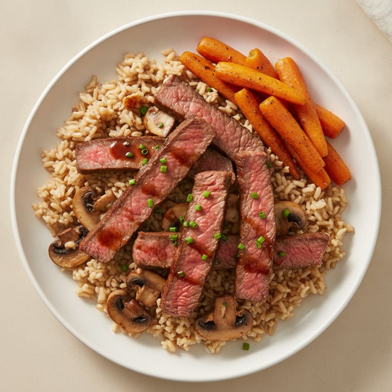 Seared Beef Strips with Roasted Carrots and Brown Rice