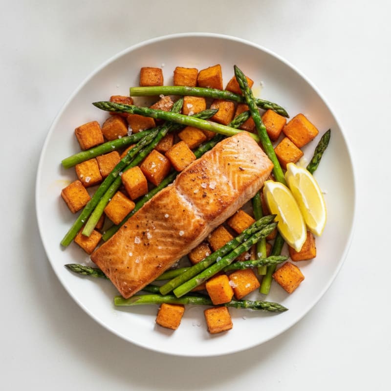 Seared Salmon with Roasted Sweet Potato and Asparagus