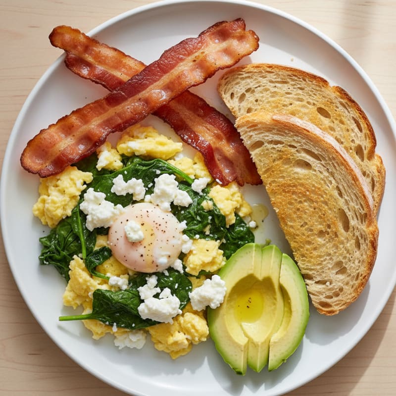 Crispy Turkey Bacon and Spinach Egg Scramble with Cottage Cheese
