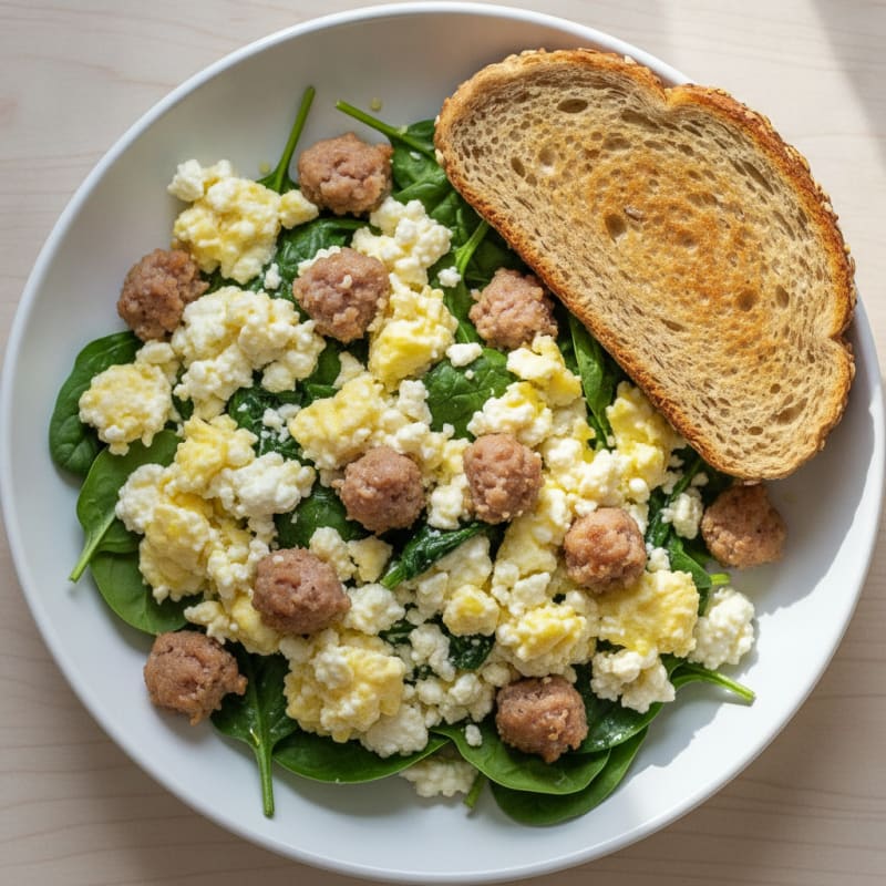 Cottage Cheese Scramble with Turkey Sausage and Spinach