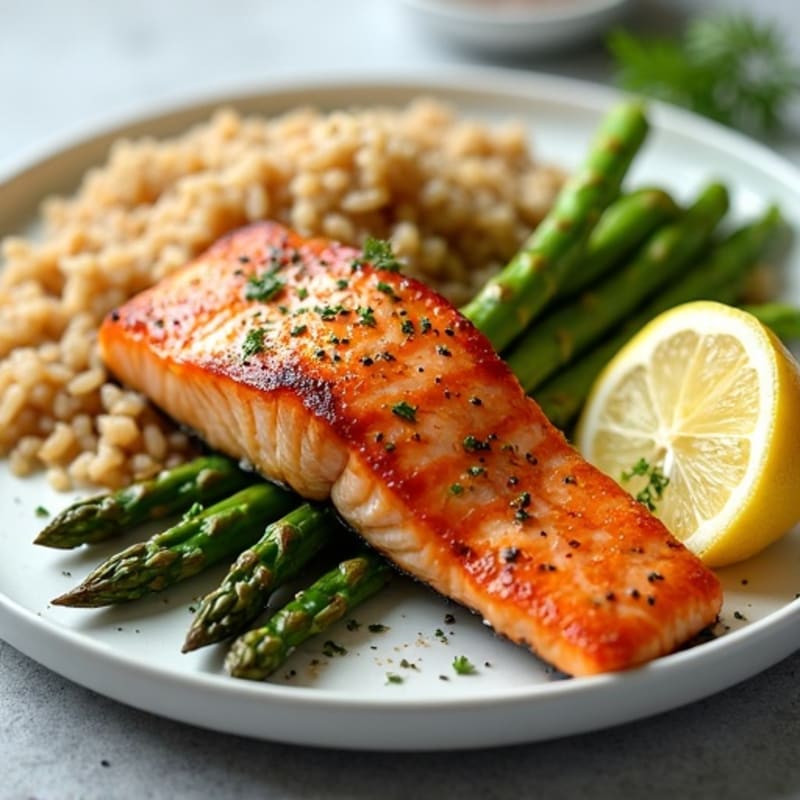 Seared Salmon with Steamed Asparagus and Brown Rice