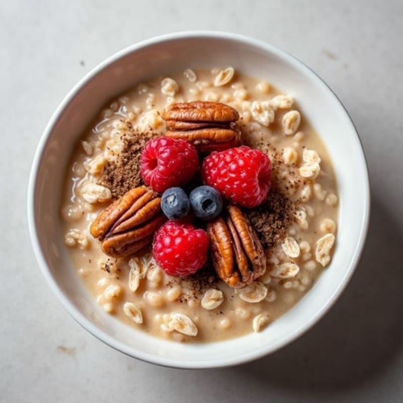 Coffee-Spiced Creamy Oatmeal with Fresh Berries and Toasted Pecans