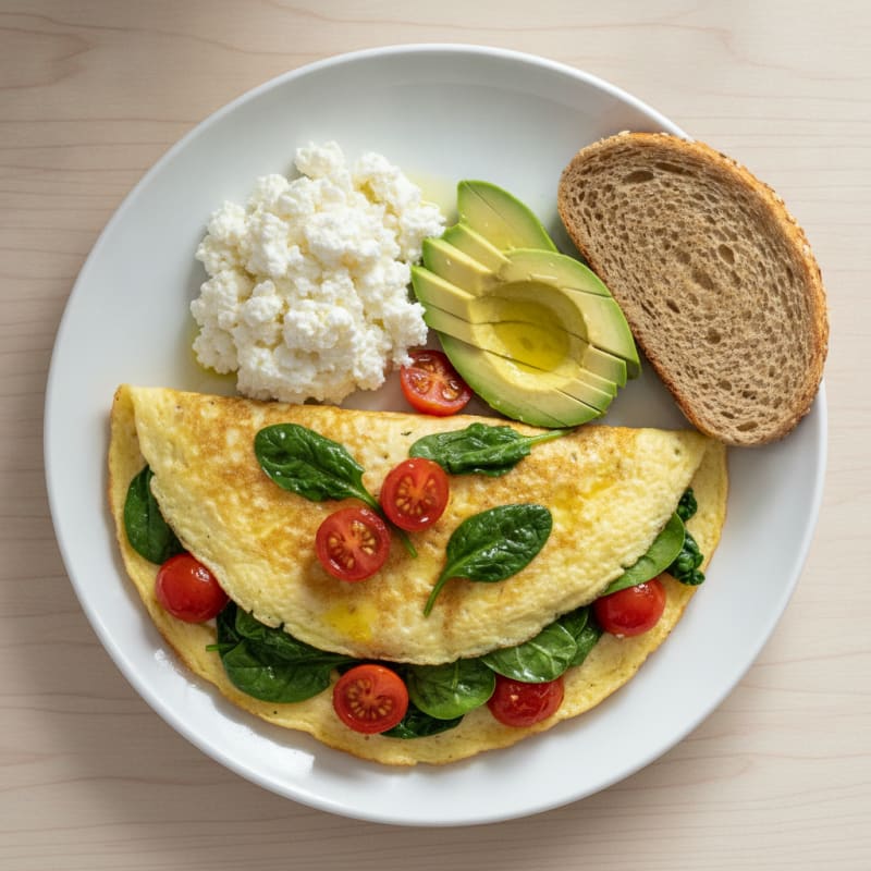 Egg White Spinach Omelet with Cottage Cheese and Cherry Tomatoes