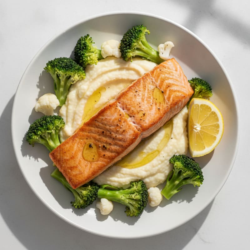 Seared Salmon with Steamed Broccoli and Cauliflower Mash